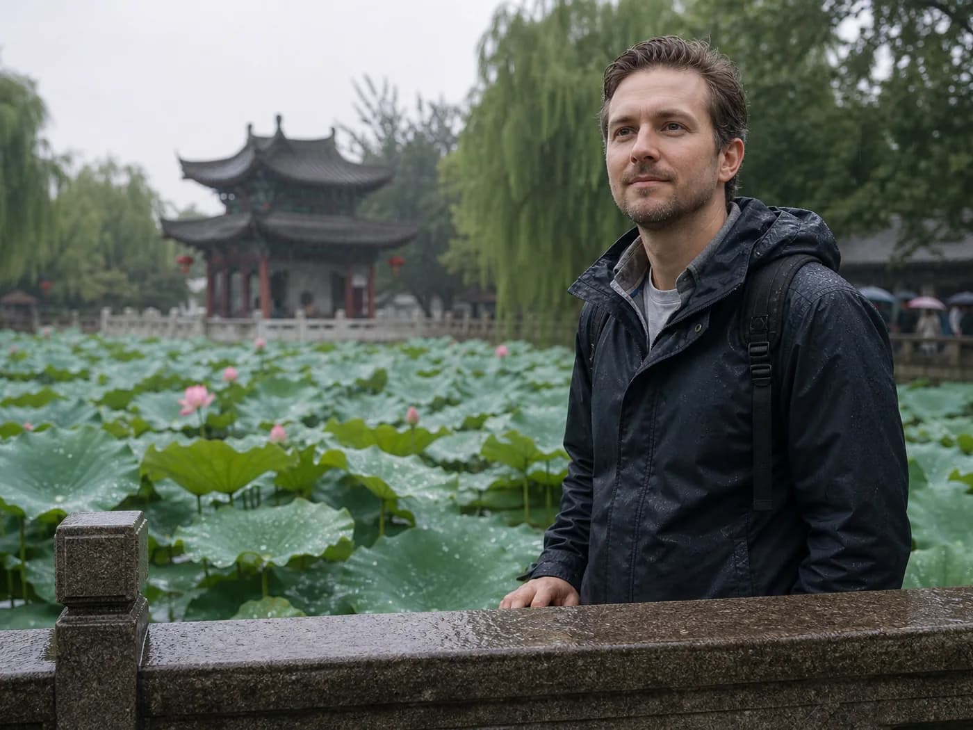 Visitor under umbrella in Baoding garden