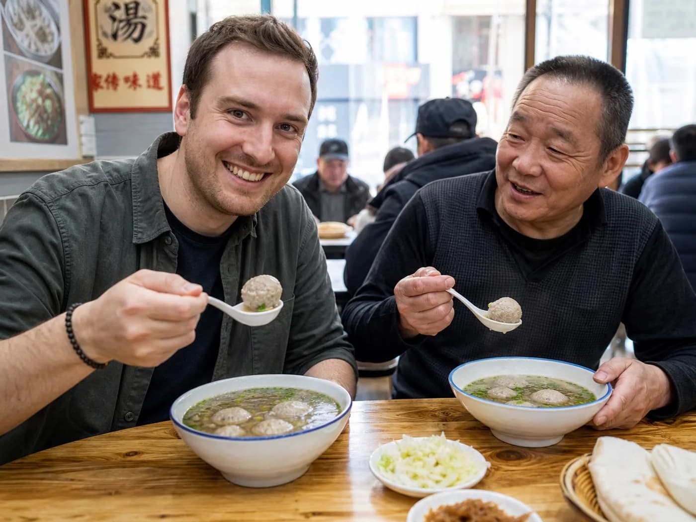 Traveler eating beef meatball soup
