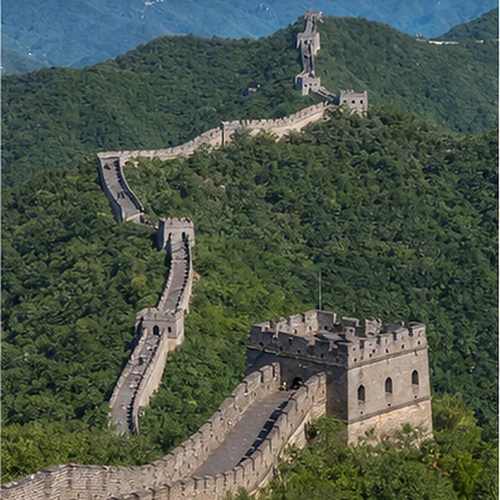 The Great Wall crossing green mountain ridges at Mutianyu near Beijing