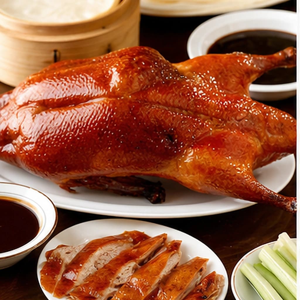 Glossy Peking duck served with pancakes, cucumber, and sauce