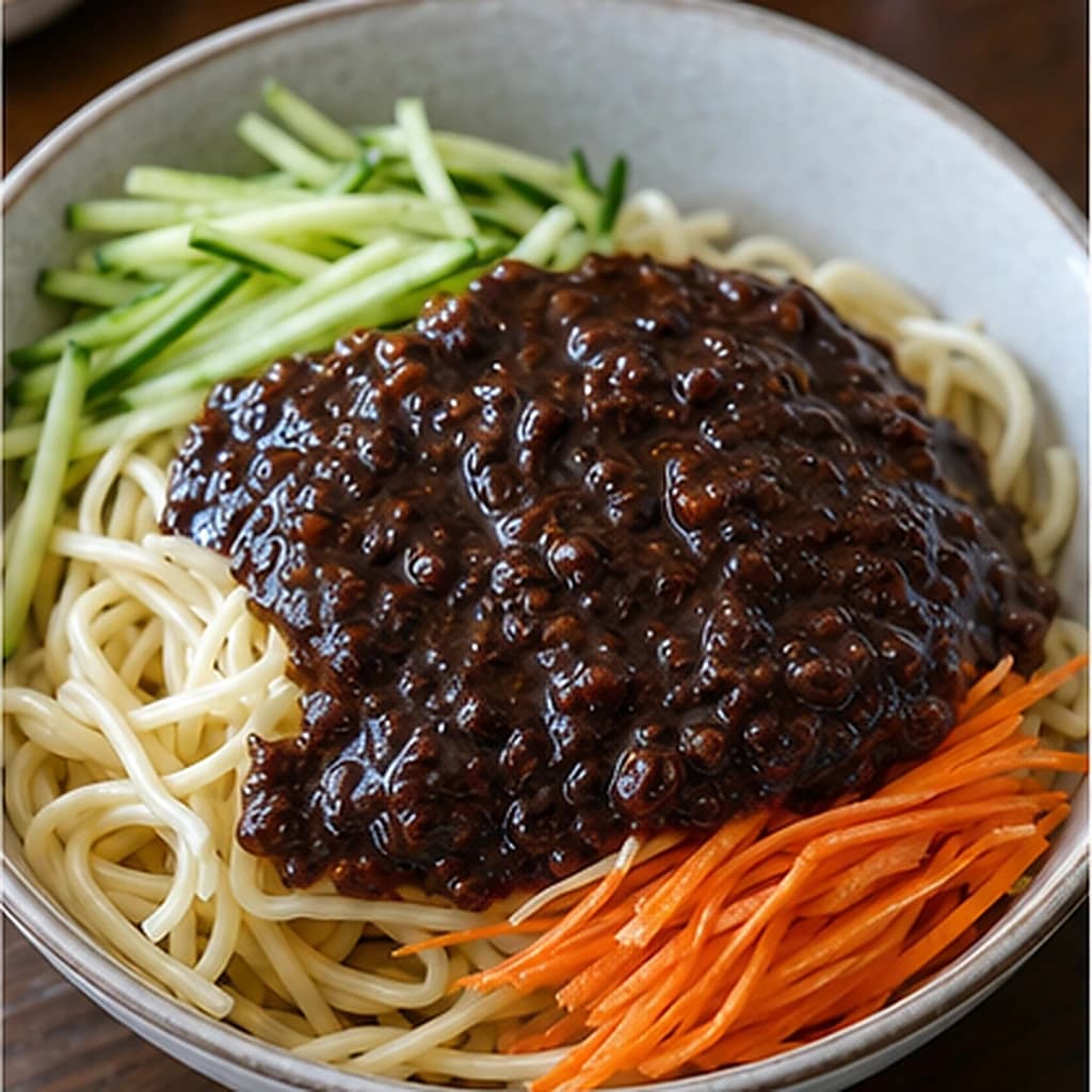 Beijing zhajiangmian noodles with soybean sauce and fresh vegetables