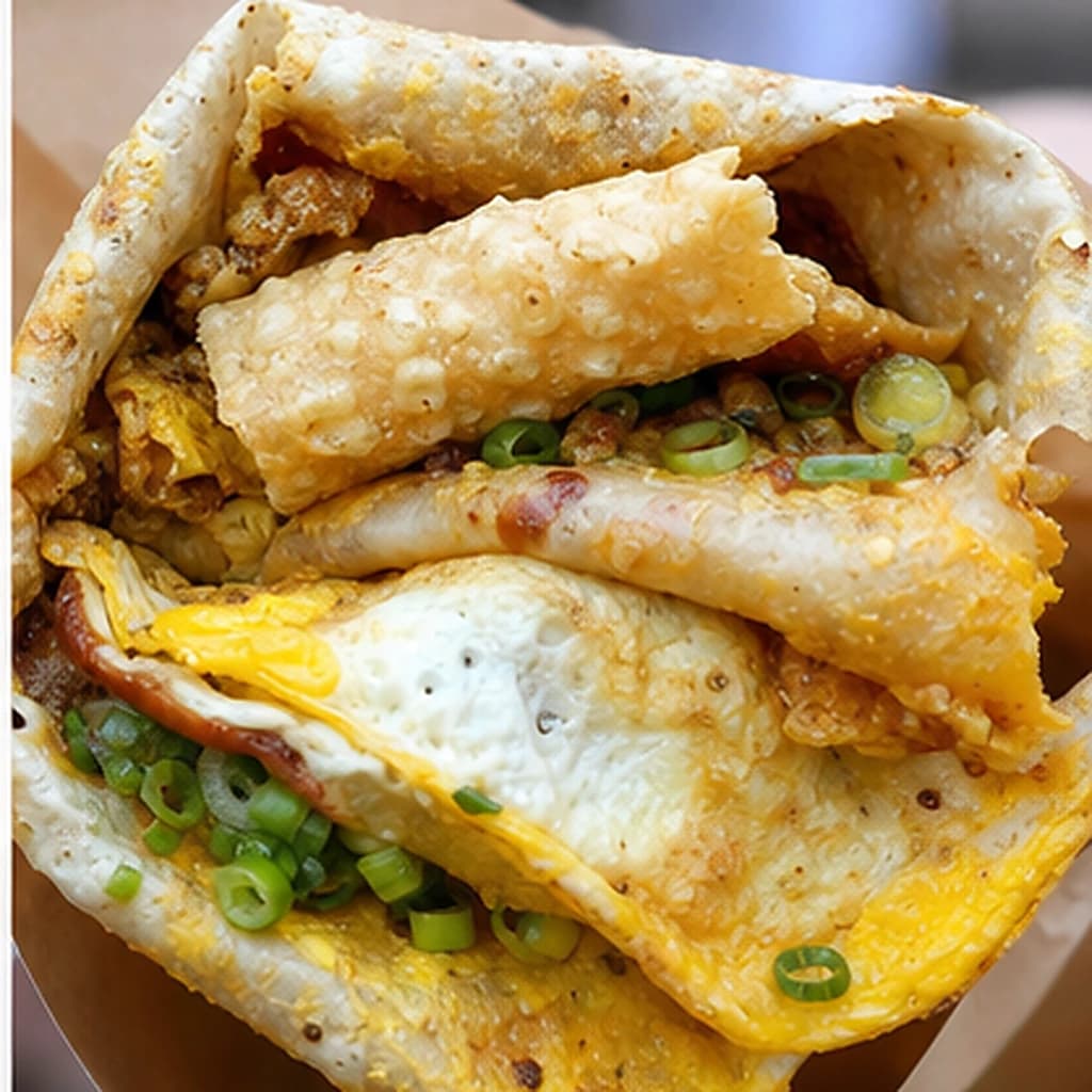 Freshly folded jianbing breakfast crepe with egg and crisp cracker