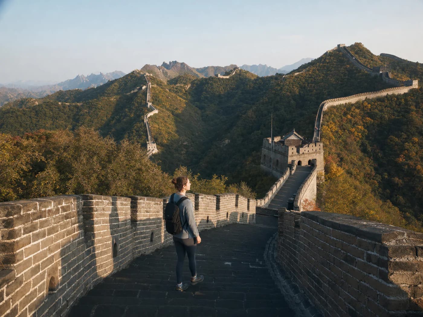 A traveler pausing on the Mutianyu Great Wall above forested mountain ridges