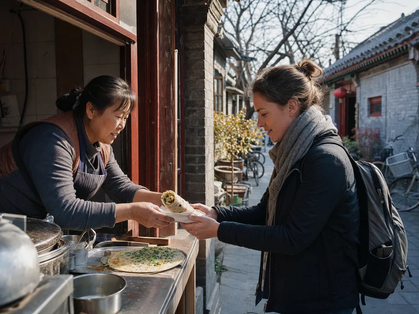 A visitor receiving a freshly made jianbing from a Beijing hutong breakfast vendor
