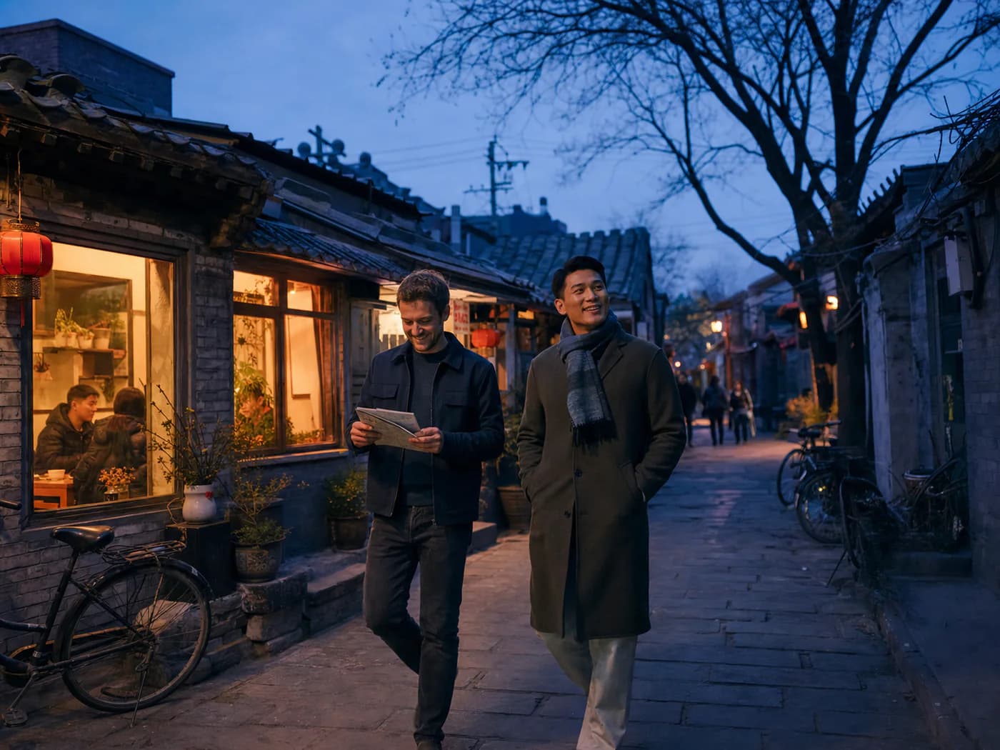 Two friends walking through a warmly lit Beijing hutong at blue hour