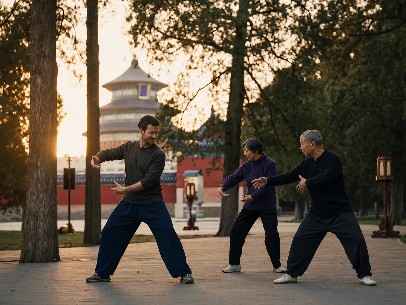 An international visitor practicing tai chi with Beijing residents near the Temple of Heaven at dawn