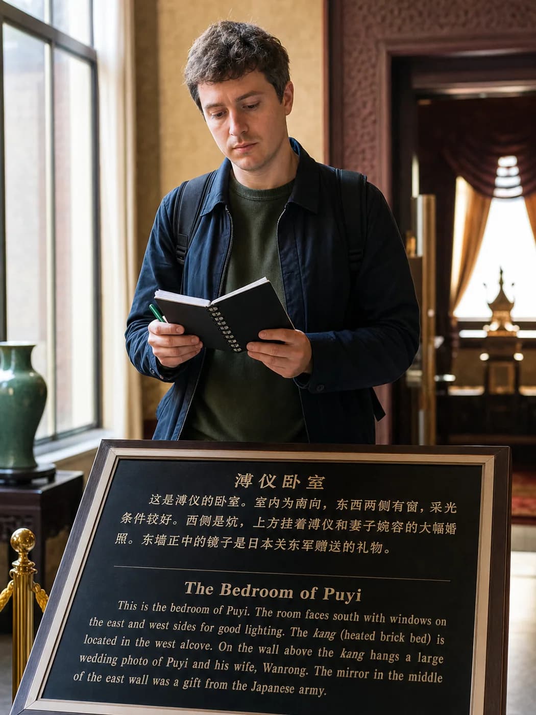 Traveler taking notes in Changchun museum