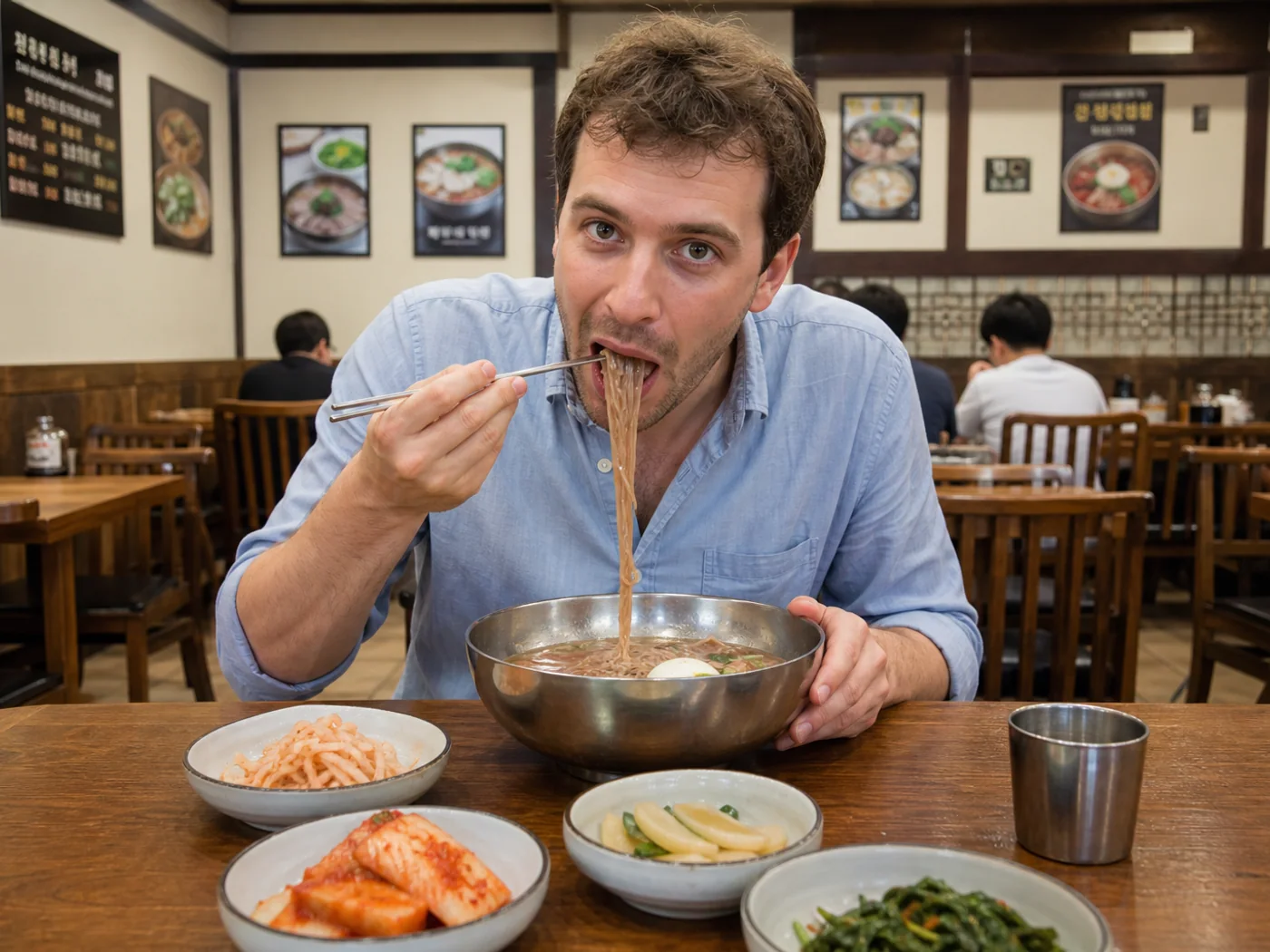Traveler eating cold noodles