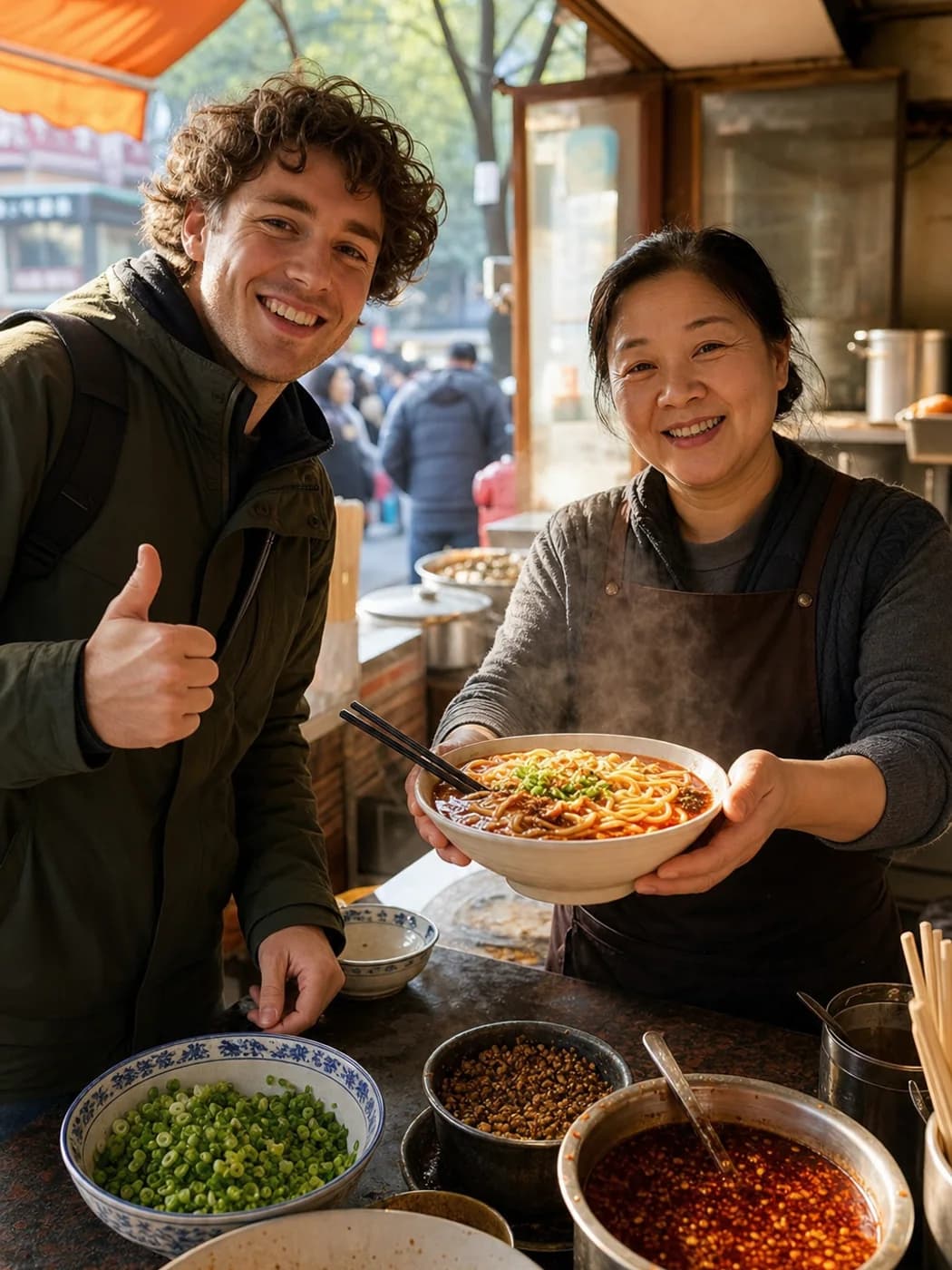 A traveler choosing chili heat with a thumb gesture while ordering Hunan rice noodles in a Changsha breakfast shop