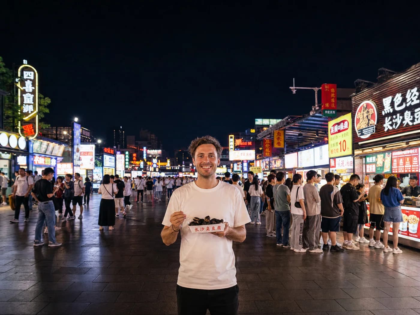 A traveler rejoining the night queue for Changsha stinky tofu after finishing the first tray
