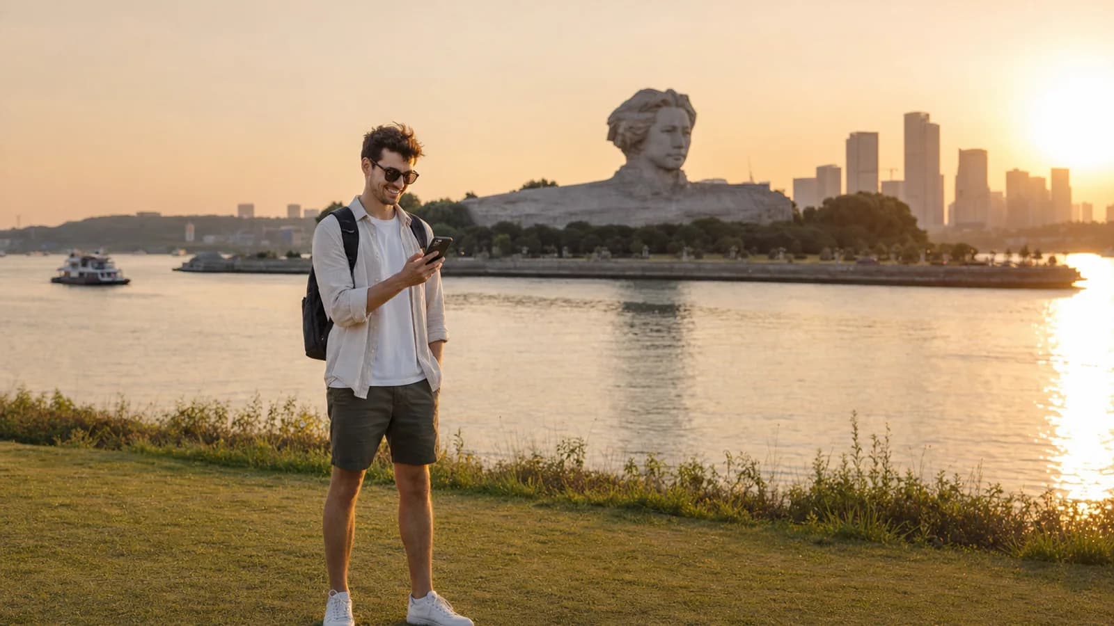 A traveler reading poetry from a phone on Orange Isle at sunset with the Xiang River behind