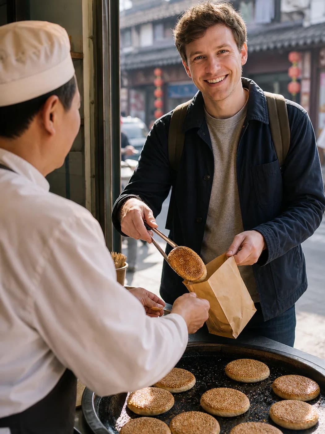 Traveler buying sesame cake