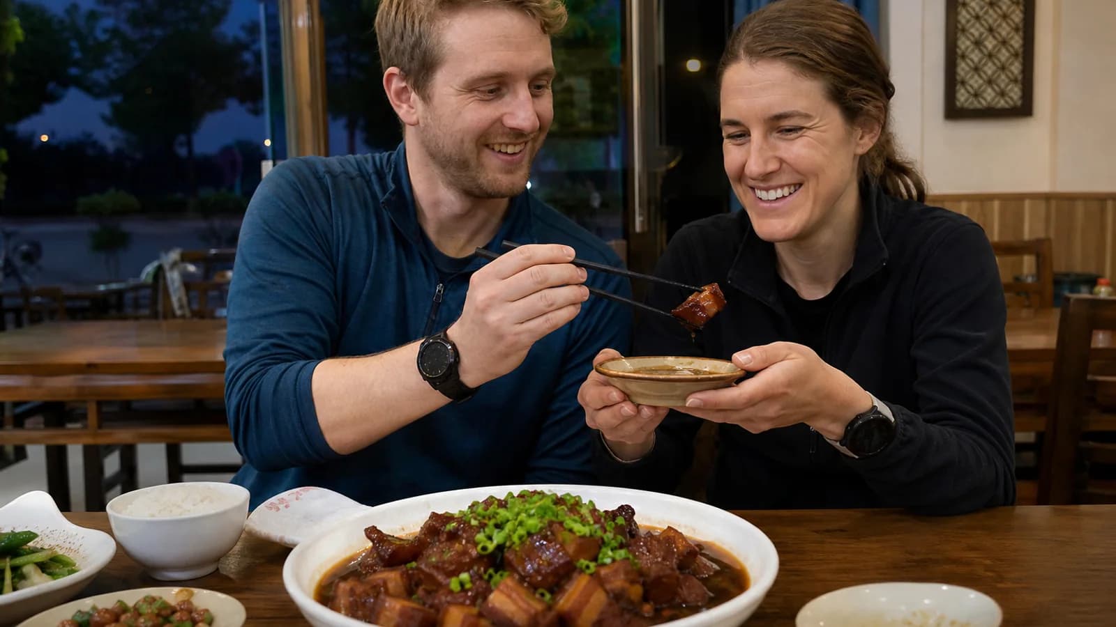 Family sharing braised pork