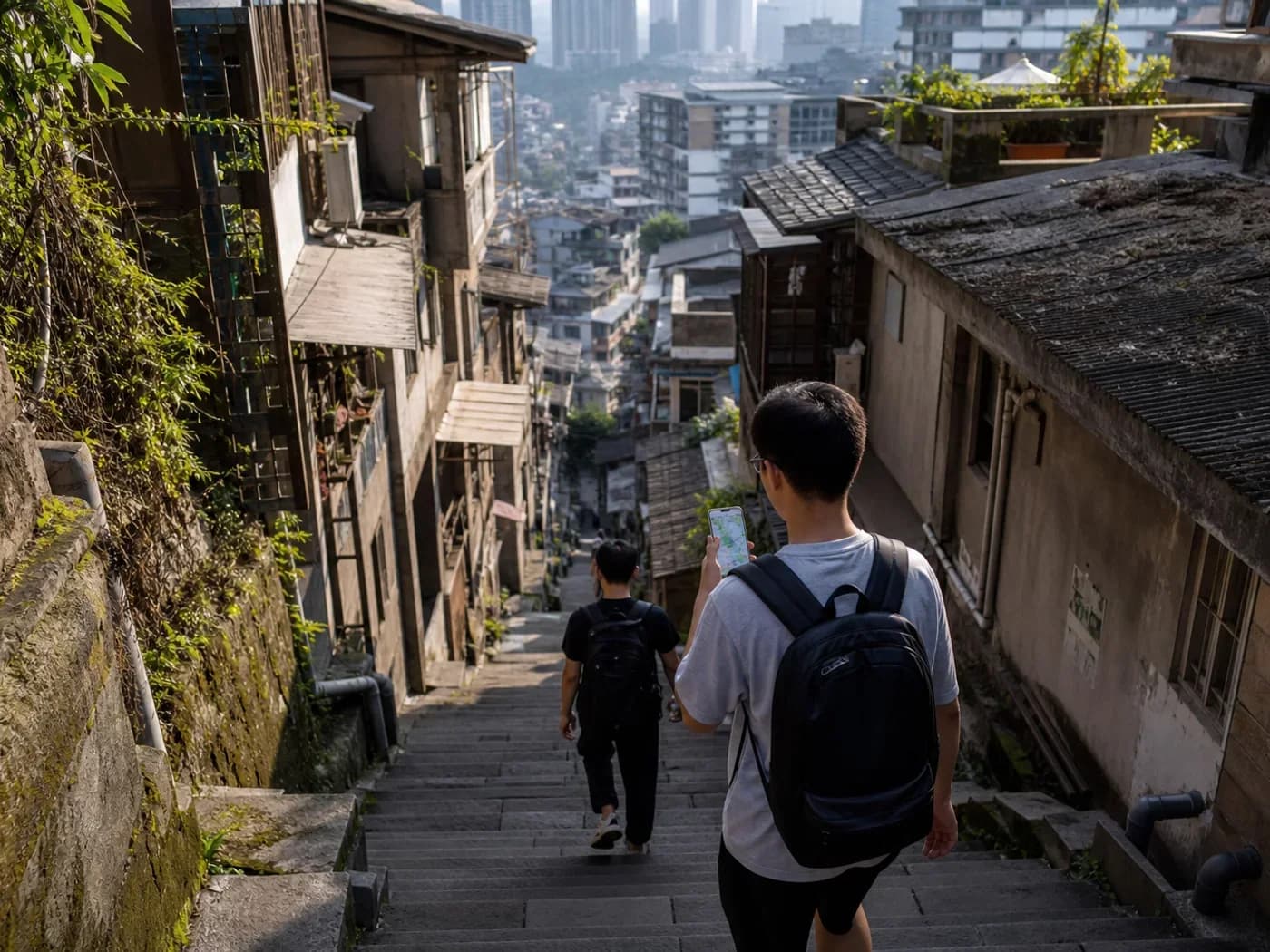 Travelers climbing Chongqing stairs
