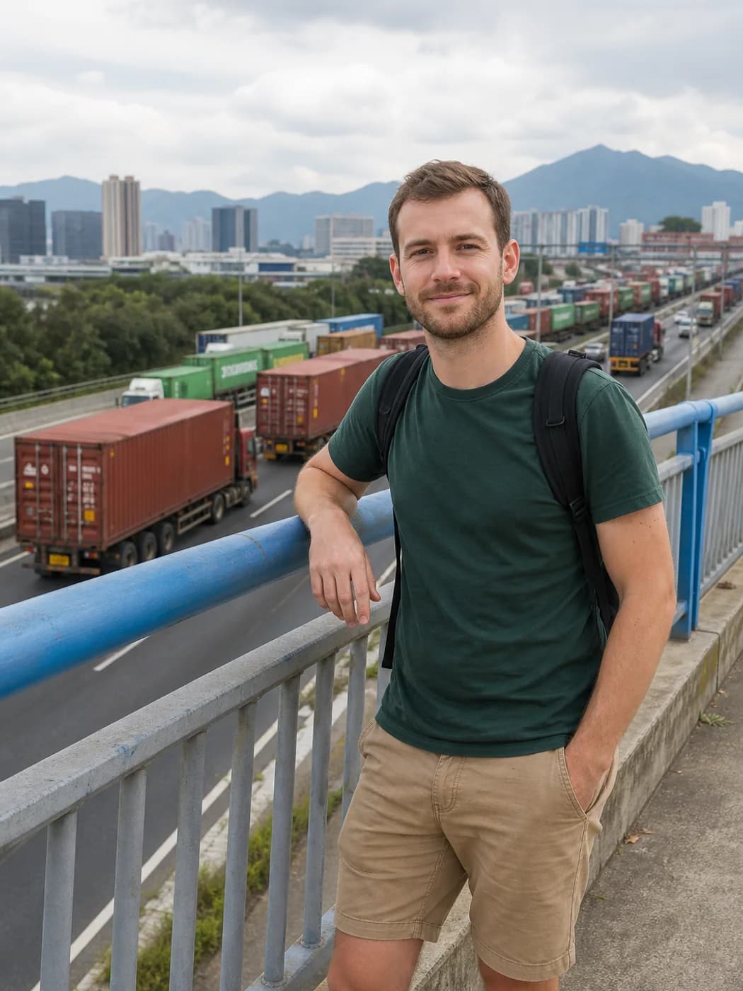 Traveler observing logistics traffic