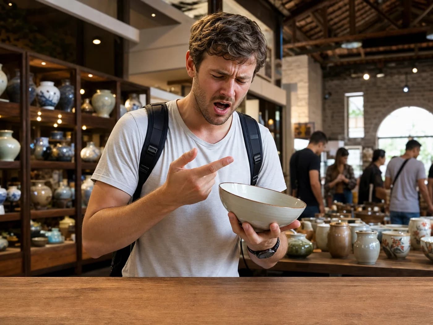 Traveler buying hot ceramic