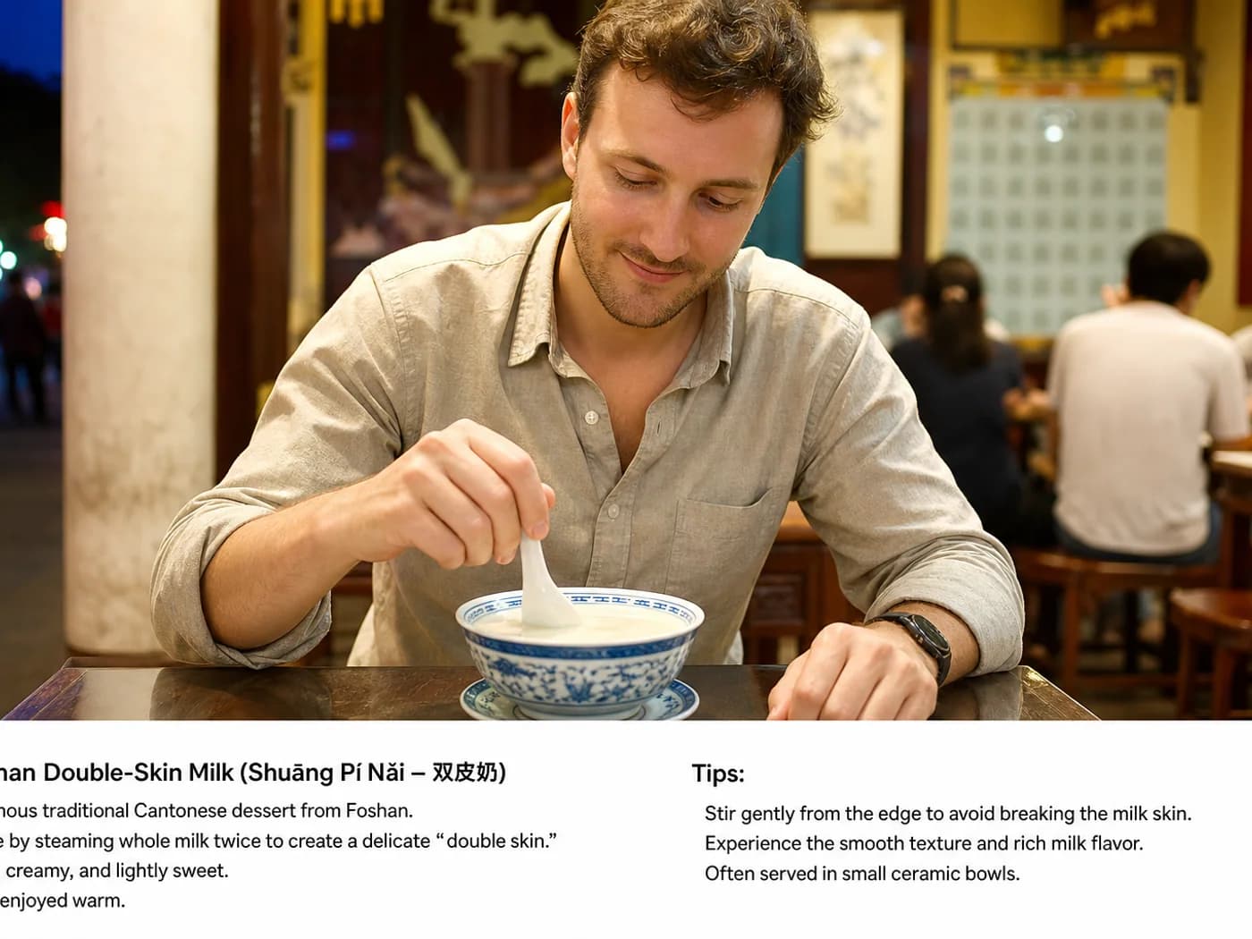 Traveler eating delicate custard