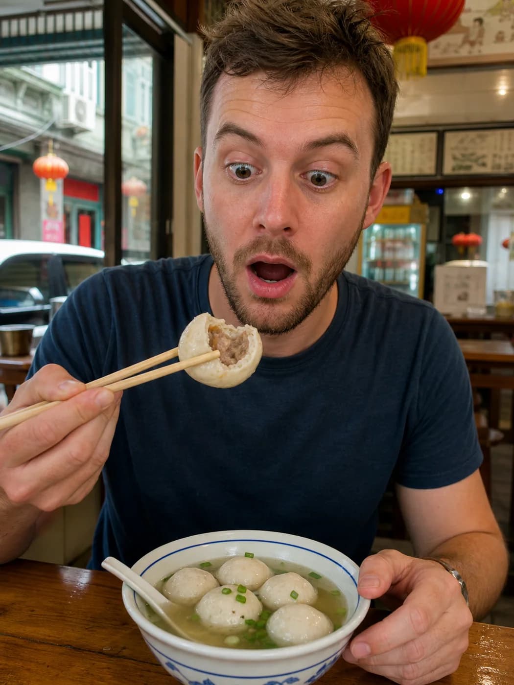 Traveler surprised by fish ball filling