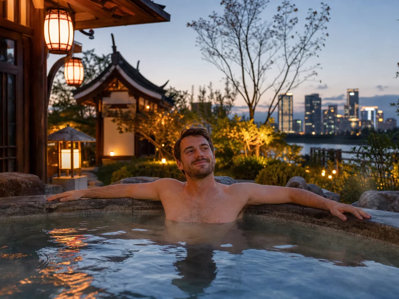 Traveler relaxing in hot spring