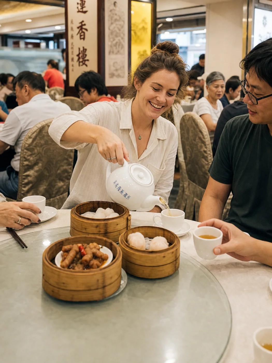 Traveler pouring tea for table