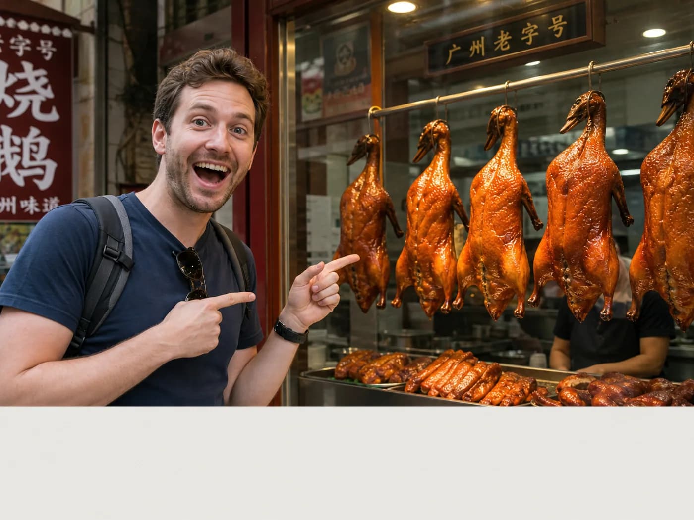 Traveler selecting roast goose