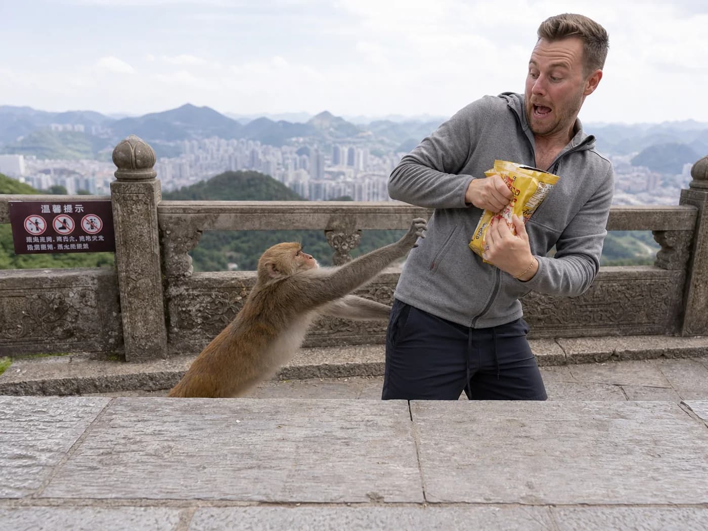 Traveler avoiding monkey