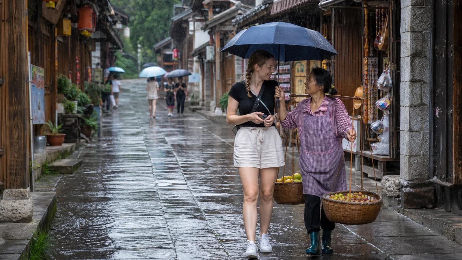 Traveler sharing umbrella in rain