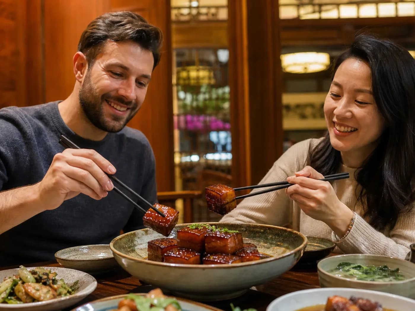 Travelers sharing braised pork