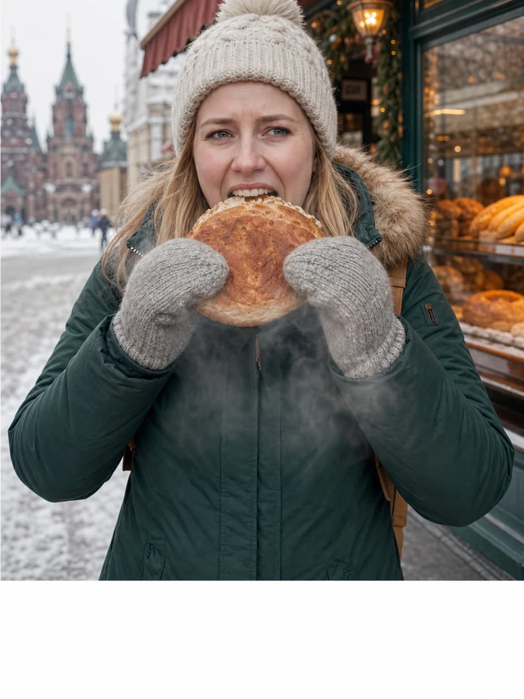 Traveler buying bread in Harbin winter