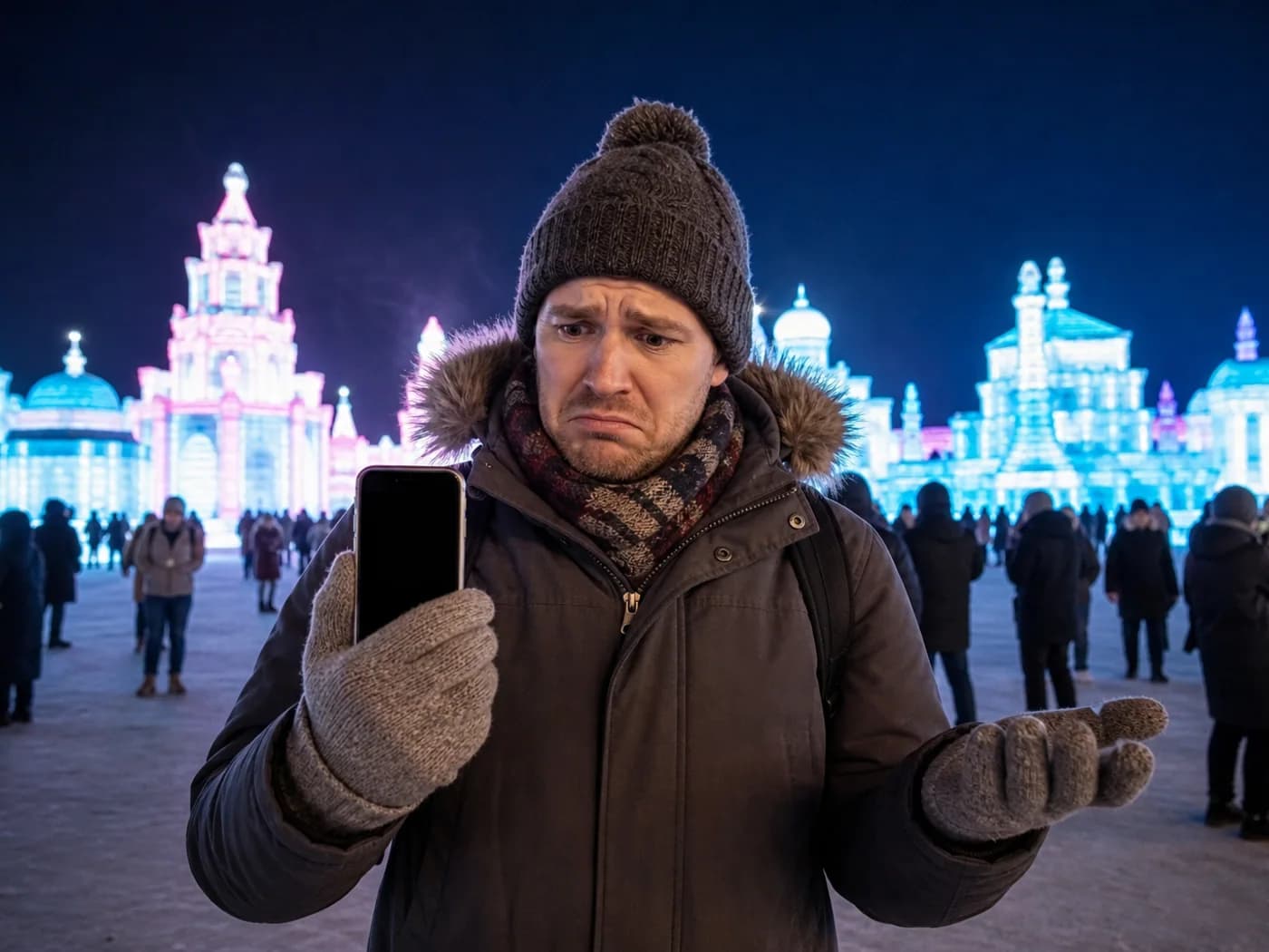 Traveler warming phone at ice festival