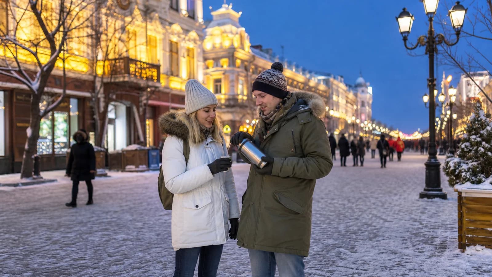 Travelers sharing hot drink in Harbin