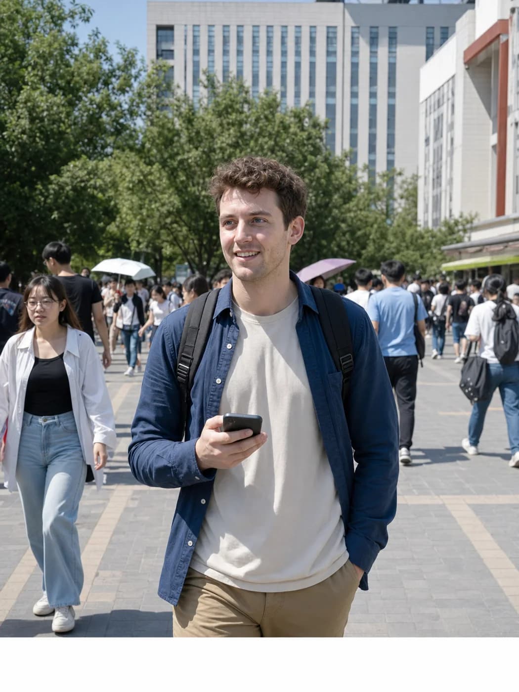Traveler in busy Hefei campus area