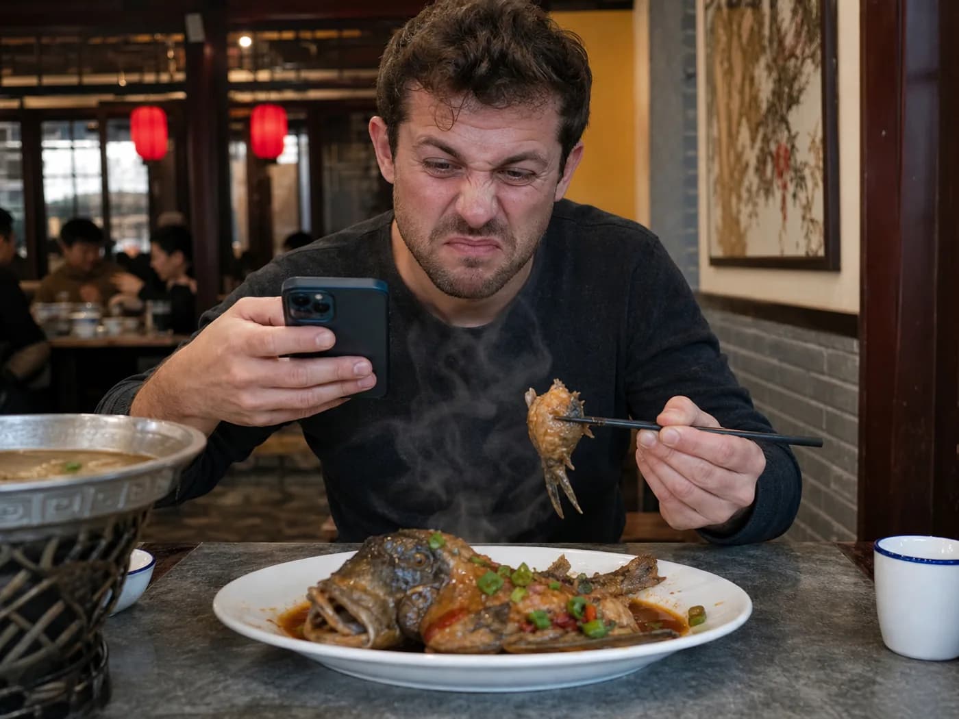 Traveler trying Anhui fish dish