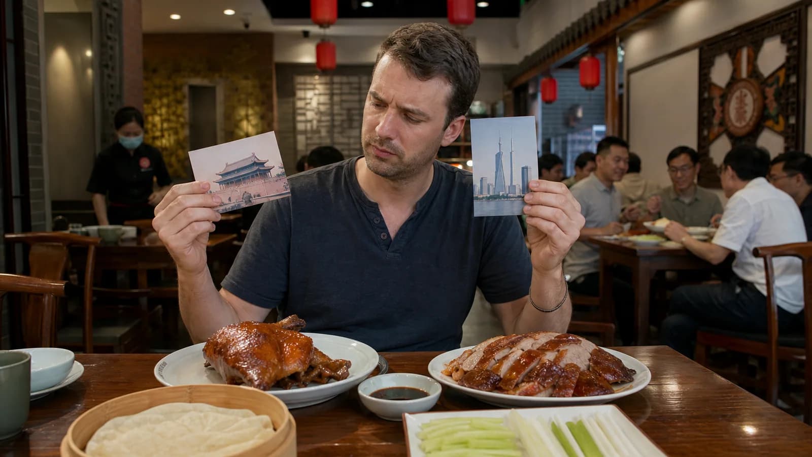 Traveler eating Luzhou roast duck