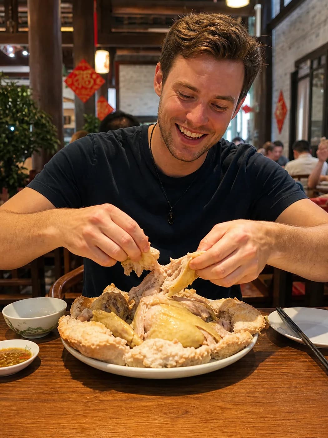 Travelers sharing salt-baked chicken