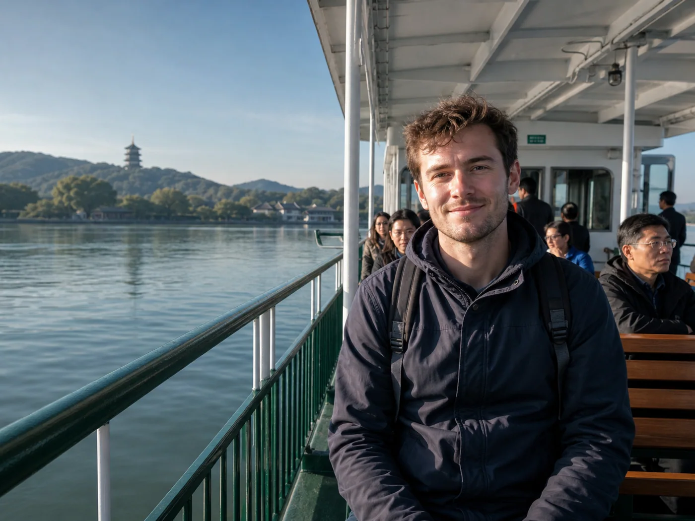 Travelers on lake ferry