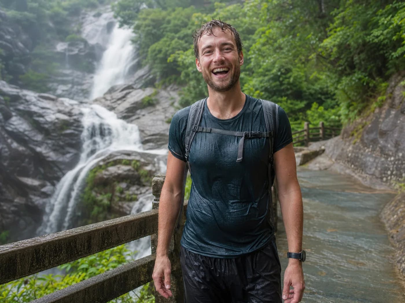 Hikers at waterfall