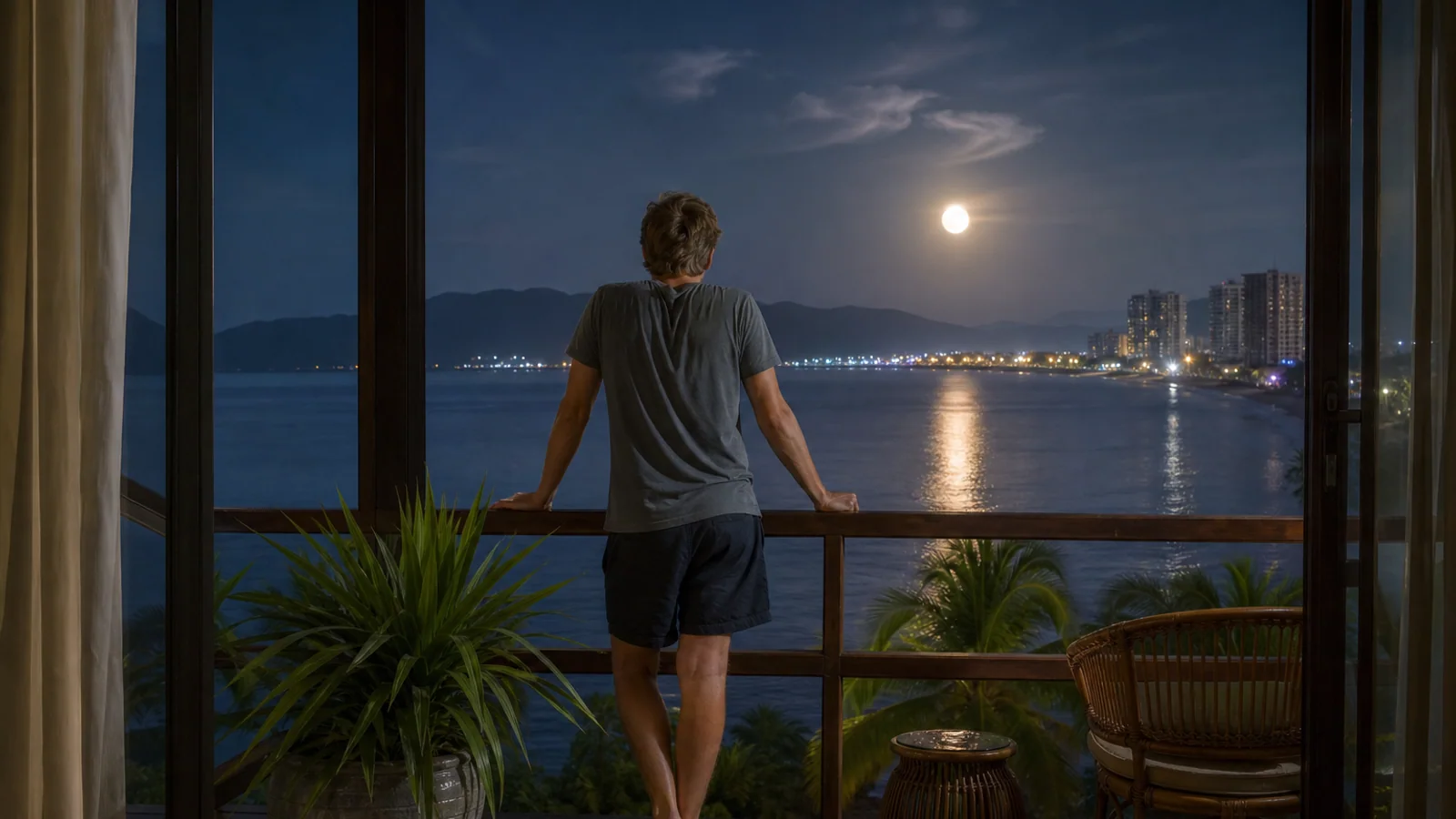 Traveler on beach at night