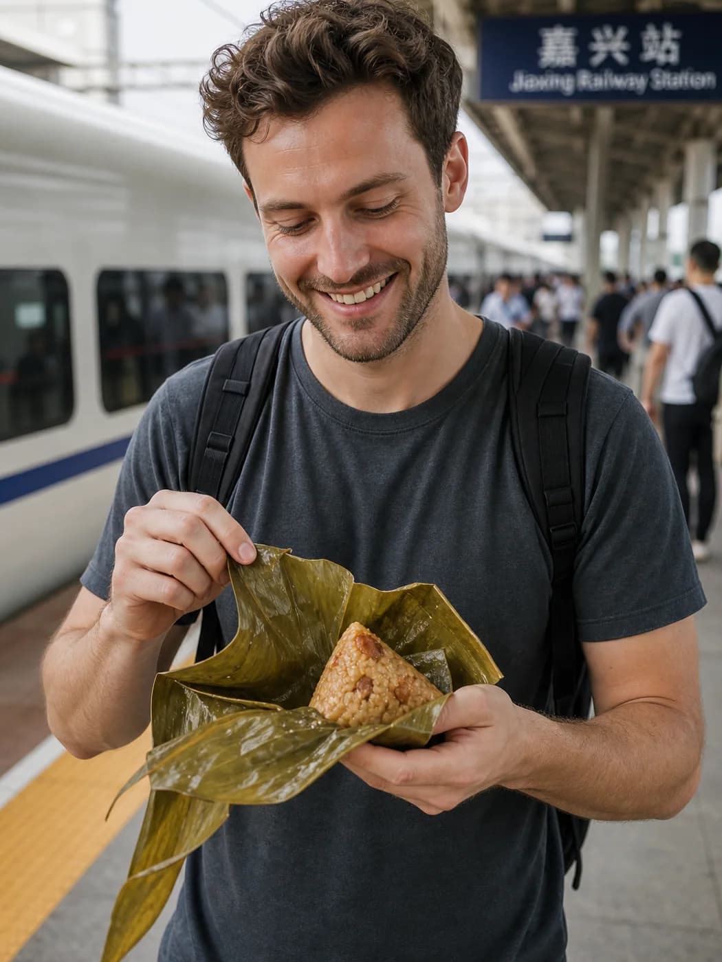 Traveler eating zongzi before train