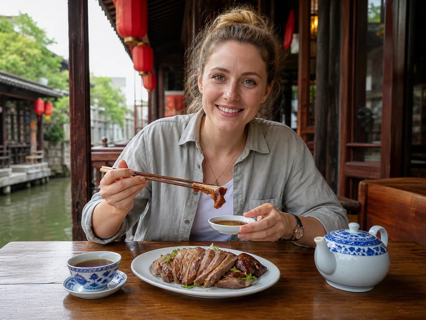 Travelers sharing cold duck dish