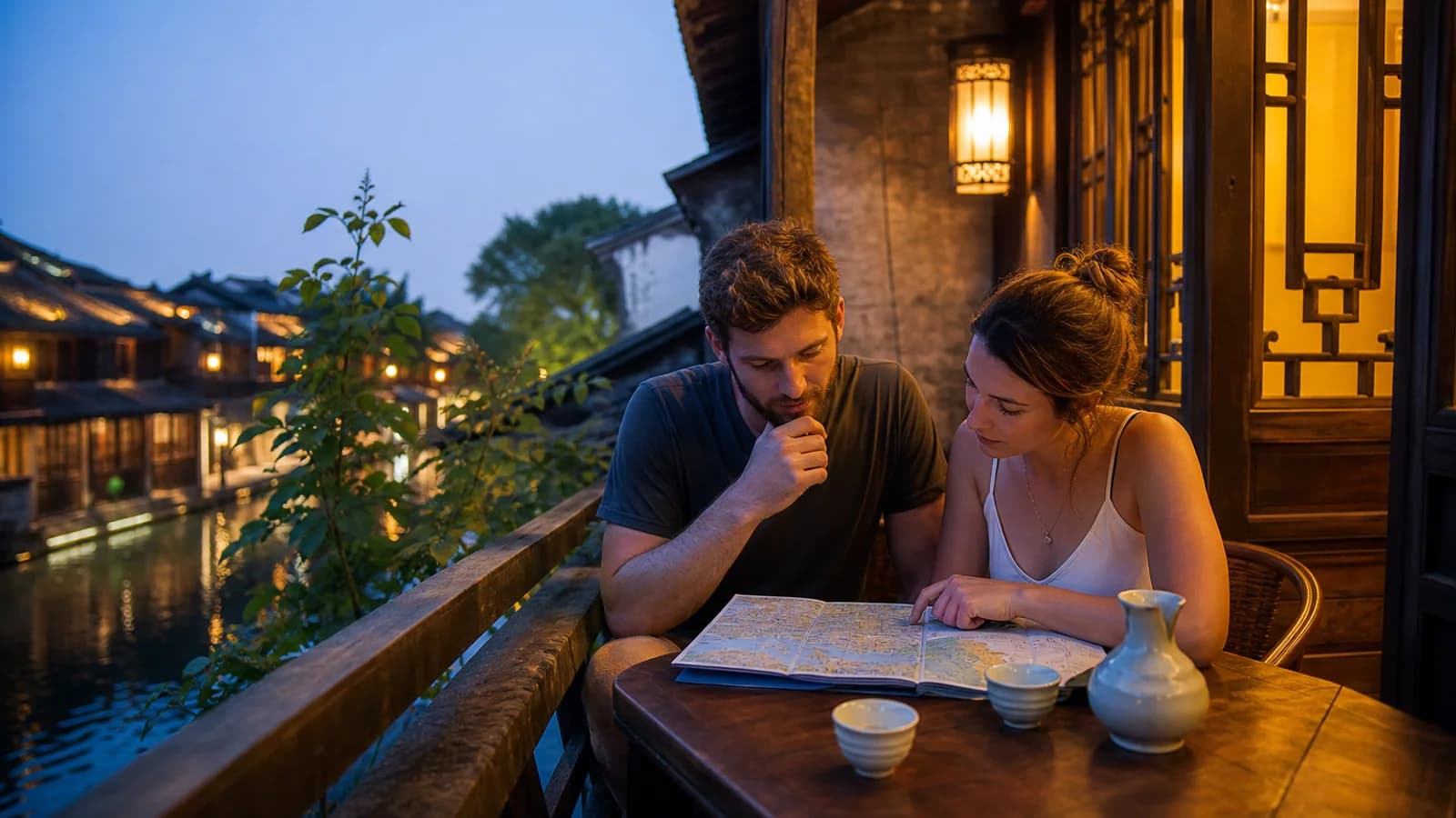 Travelers planning water town visit
