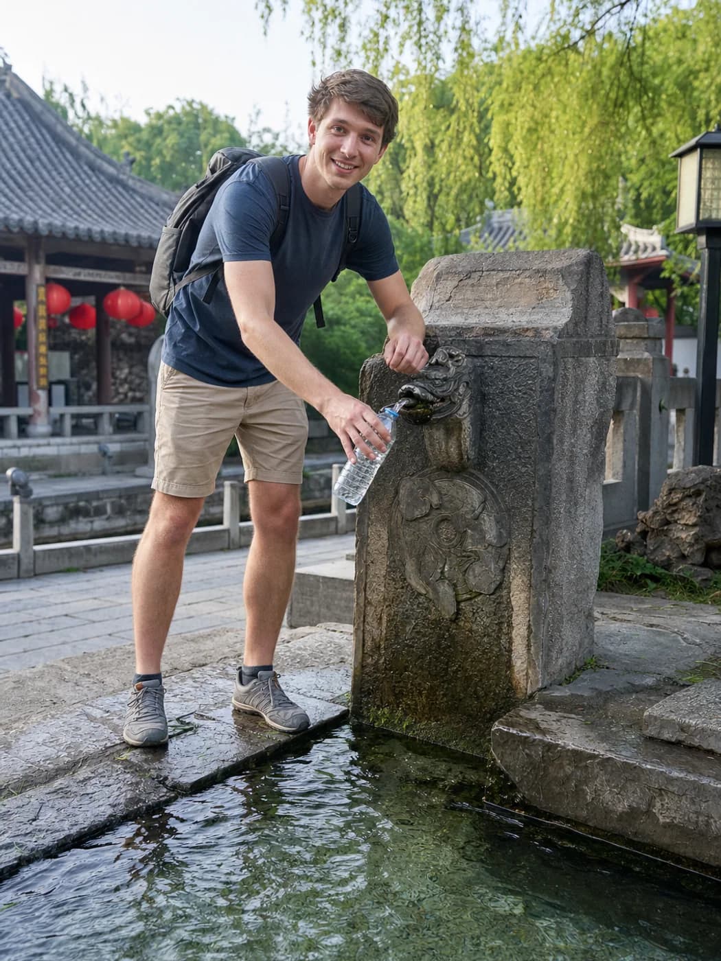Traveler at public spring fountain