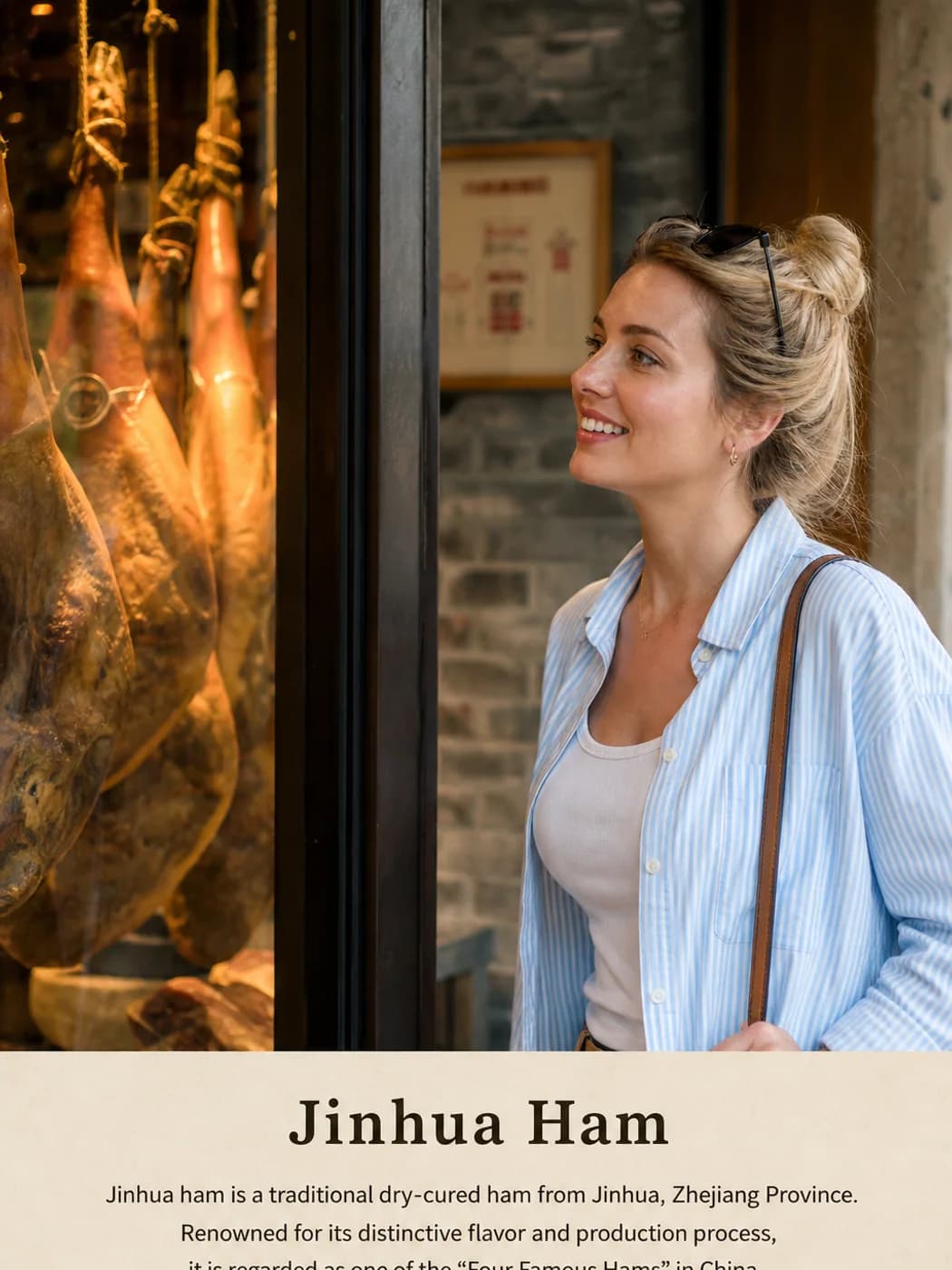 Traveler admiring Jinhua ham