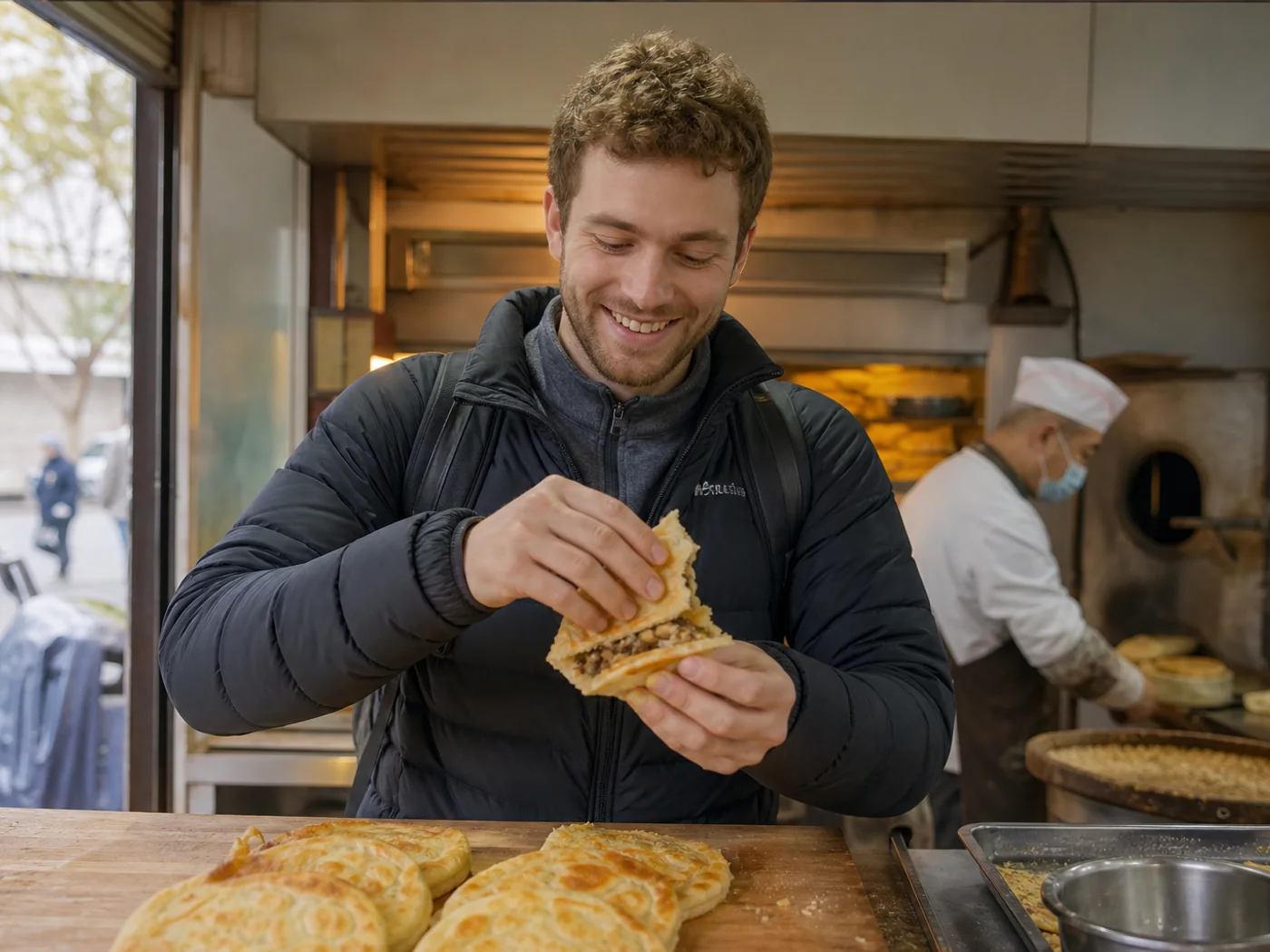 Traveler eating Jinhua shortcake