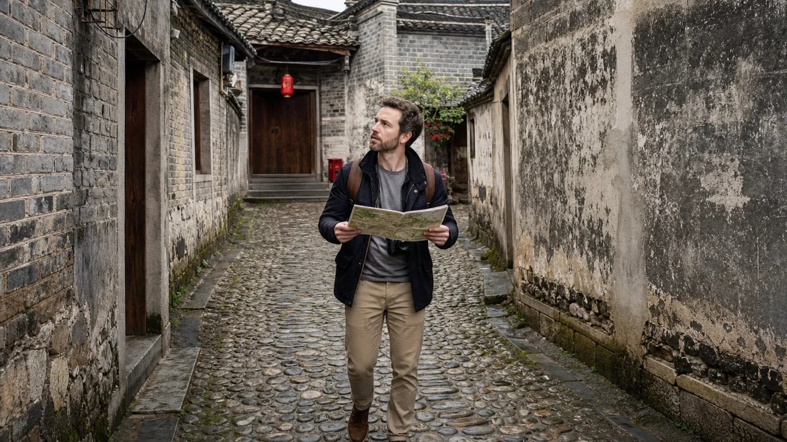 Traveler navigating village lanes