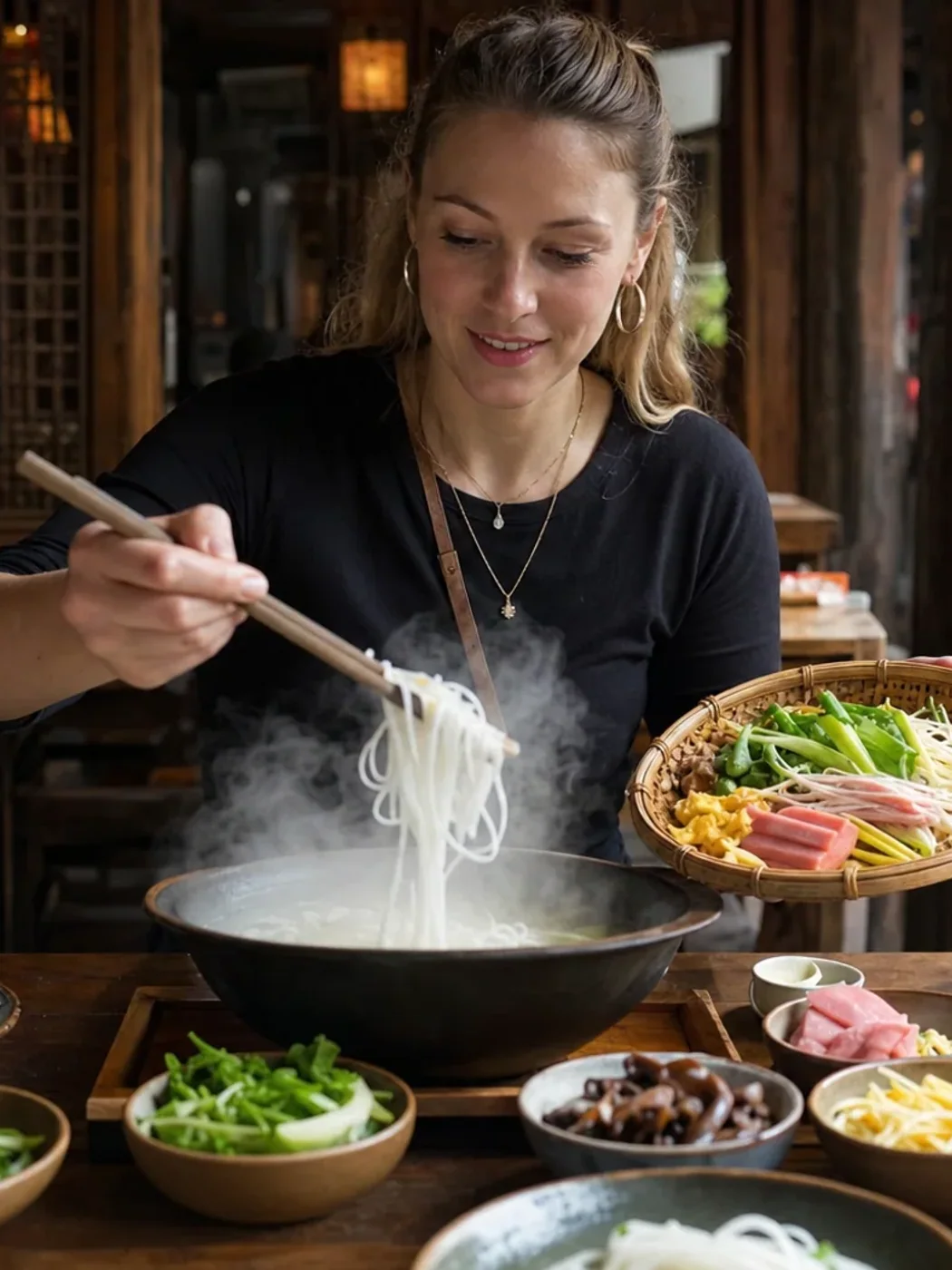 Traveler assembling Yunnan noodles