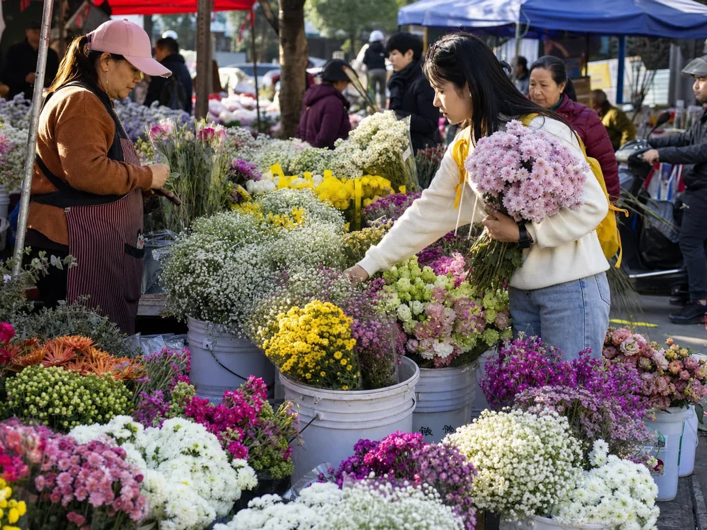 Traveler at flower market