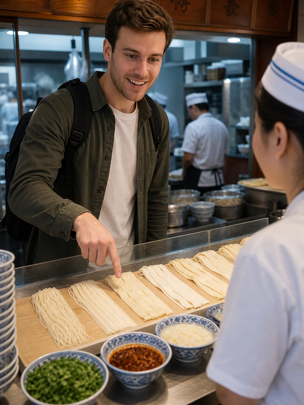 Traveler ordering Lanzhou noodles