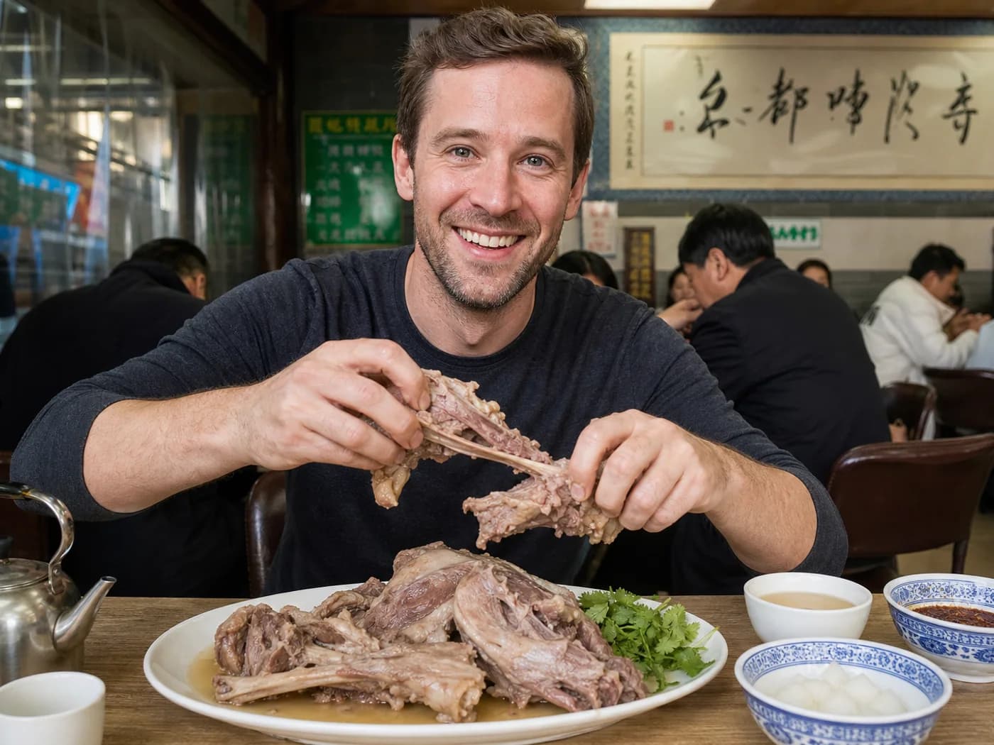 Travelers eating hand-grabbed lamb