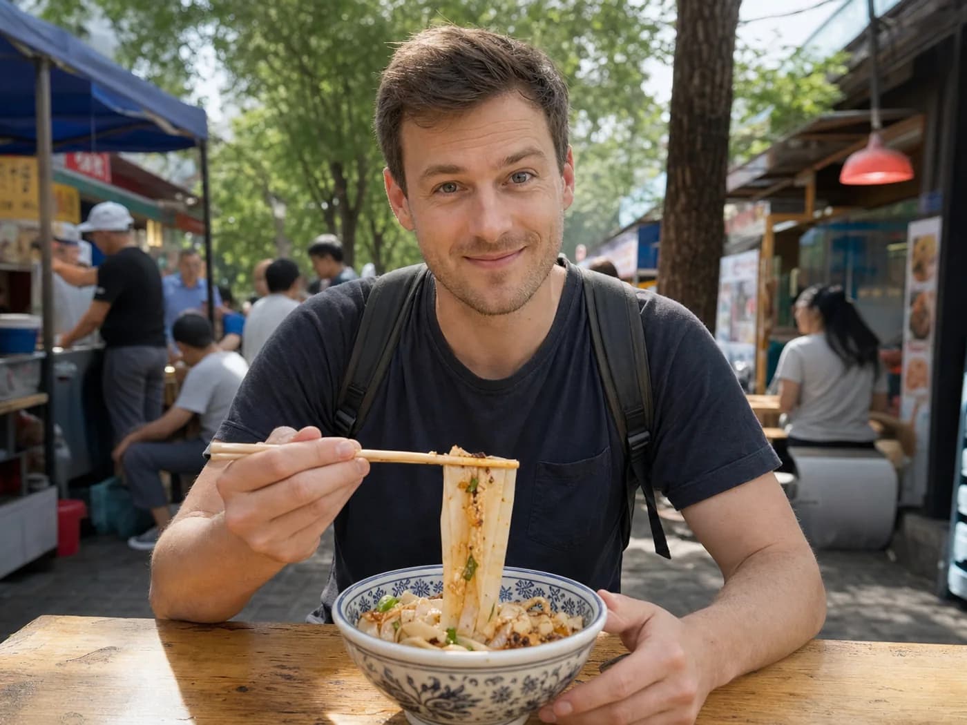 Traveler eating cold noodles